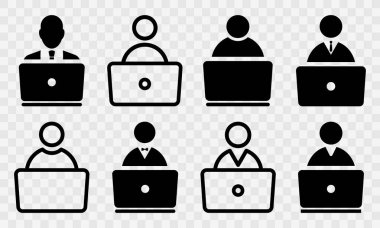 Kişi ve dizüstü bilgisayar vektör simgesi. Bilgisayarı olan biri. Blogcu, serbest çalışan, programcı ya da dizüstü bilgisayarda yazan öğrenci. Vektör simgeleri ayarlandı.