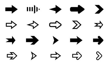 Beyaz arkaplanda ok simgesi vektörü kümesi. Doğru yönde ok at. Siyah kalem. Sonraki işaret.