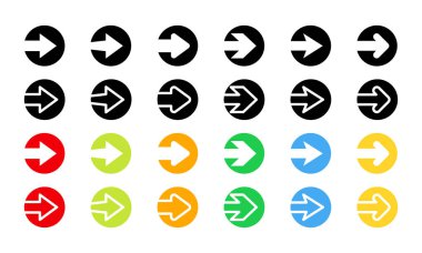 Beyaz arkaplanda renkli ok vektörü seti. Doğru yönde ok at. Siyah ve renkli işaretçi. Sonraki işaret.