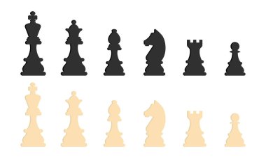Satranç vektör simgeleri kümesi. Satrançlı siyah beyaz siluet. Papaz, kız, piyon, at ve kale. Vektör 10 Eps.