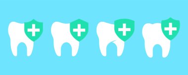 Mavi arka planda kalkanları olan beyaz dişler. Diş korunması ve bakımı. Sağlıklı diş. Tıbbi tasarım.