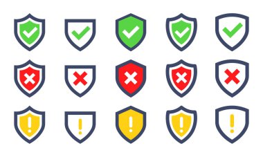 Yeşil işaretli bir kalkan seti, kırmızı haç ve sarı ünlem işareti. Doğru ya da yanlış sembol. Koru, koru, garanti işareti.