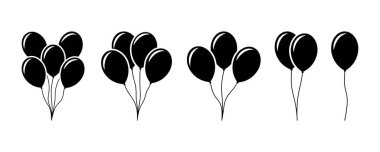 Balon vektör simgeleri seti ayarlandı. Siyah siluet ve ipli balonlar. Uçan balon.