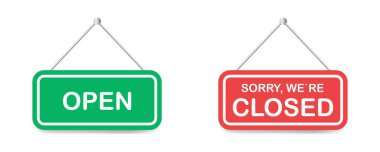 Açık ve kapalı kapılı gerçekçi tabela. Dükkan, süpermarket ya da gölgeli kafe için tabela. Vektör 10 Eps.