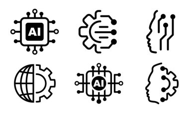 Yapay zeka vektör simgeleri seti. Mikroçipli ve dijital teçhizatlı insan kafası. Yapay beyin.