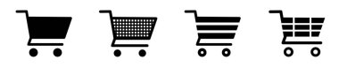 Bir dizi alışveriş arabası vektör simgesi. Tramvay alışverişi. İnternetten al ya da al. İnternet depolama sembolü.