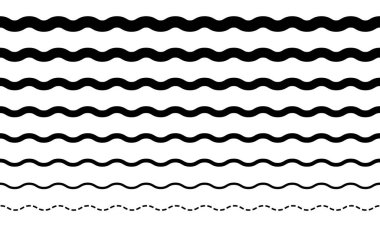 Siyah dalga çizgileri vektörü kümesi. Kavisli dalgalı çizgi büyükten küçüğe. Geometrik öge. 