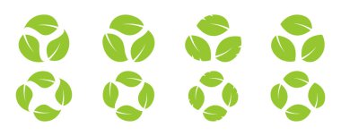 Dairesel geri dönüşüm yaprak vektör simgeleri kümesi. Yeniden kullanılabilir, yeniden kullanılabilir ve bozunabilir semboller. Yeşil eko ürünü. 