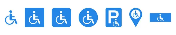 Beyaz arkaplanda mavi engelli vektör işaretleri var. Engelli tekerlekli sandalyesi. Engelli ya da felçli. Vektör 10 EPS.