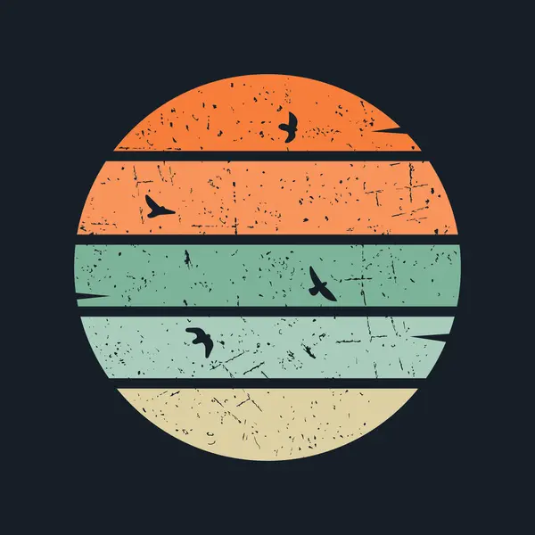 Günbatımında kuşlarla birlikte. Koyu arkaplanda eski çizgili güneş ışığı. Soyut yaz yuvarlak illüstrasyonu.