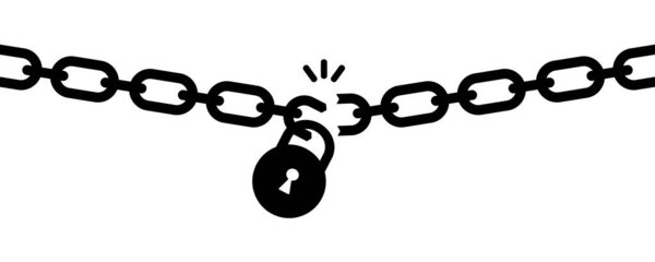 Разбитая цепь с замком. Сломанная металлическая цепь. Разрушение или дефект в защите. Символ свободы.
