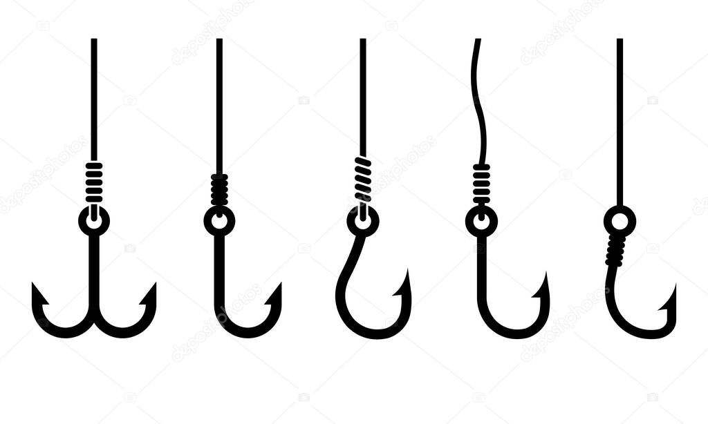 Fishing hook vector icons set. Angler equipment. Black fishing line. Vector 10 EPS.