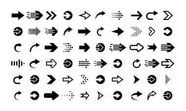 Beyaz arkaplanda ok simgesi vektörü kümesi. Doğru yönde ok at. Siyah kalem. Sonraki işaret.