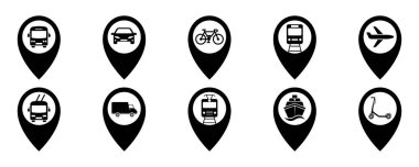 Işınlama için yerler. Haritada araçları olan yerler. Otobüs, çar, tramvay, metro, uçak, tran, spike, bisiklet ve minibüsle siyah siluet. Vektör 10 Eps.