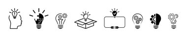 Yeni yaratıcı fikir vektör simgeleri kümesi. Yenilik çözümü. Ampul ve dişli. Kafalı ampul. Kutu açılıyor.
