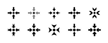 İşaretçi ok vektör simgeleri kümesi. Oklar merkeze dönük. Hedef burada. Vektör 10 Eps.
