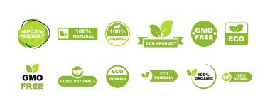 Yeşil ekoloji ikonları seti. Eko ürün etiketleri. Ekoloji yemek rozeti. Çevre dostu damgası. Vektör 10 Eps.
