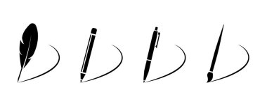 Tüy kalem, kalem, kalem, boya fırçası vektör simgeleri seti. Mektup yaz. Vektör 10 Eps.