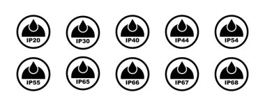 Set of waterproof and dustproof vector icons. Ip protect. Water and dust protection black label. Vector 10 Eps. clipart