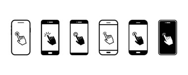Ekran akıllı telefonunda el teması. Telefondaki parmak dokunuşu. Vektör simgeleri ayarlandı.