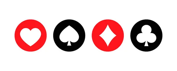 Kart kıyafetleri vektör simgeleriyle ayarlayın. Siyah ve kırmızı iskambil kağıdı sembolleri. Poker ve kumarhane oyunu. Vektör 10 EPS.
