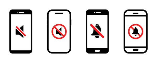 Akıllı telefonların vektör simgelerinde sessiz mod seti. Telefonda sessiz mod. Ses kapalı. Haber vermeden.. 