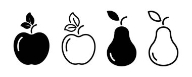 Armut ve elma vektör simgeleri kümesi. Siyah doğrusal siluet elma ve armut. Olgun tatlı meyve. 
