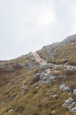 Çimenlerle kaplı yamaçların arasından kıvrılan dik dağ patikaları. Engebeli patikalar engebeli dağlık arazide tırmanıyor. Keskin taşlar ve sararan otlar uzak vahşi yolu işaret ediyor..