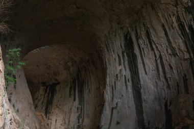 Büyük açık mağaradaki yürüyüşçülerin geniş açılı görüntüsü katmanlı kaya dokuları ve dikey duvarlarıyla. Üç kişi kayalık mağara arazisinde yürüyor. Dik taş duvarlar ve dağınık yeşillik doğal dönüm noktalarının jeolojik özelliklerini vurguluyor.