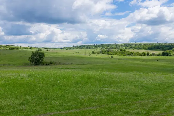Dramatik gökyüzünün altında kümülüs bulutlarıyla dolu uzak tepeleri olan açık yeşil çayır. Geniş verimli yeşil alan alçak tepelere doğru uzanıyor. Dramatik kümülüs bulutları parlak gökyüzüne hakim, manzaralı kırsal zemin oluşturur.
