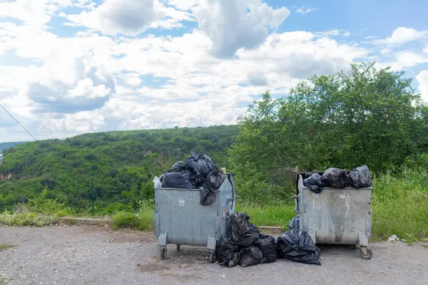 Yeşil kırsal alanda taşan iki adet çöp konteynırı. Kırsal doğal zemin ile taşan konteynırlar, orman kenarı ve bulutlu yaz gökyüzünün yanında kirlilik sorununu gösteriyor.