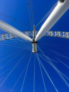 Londra dönme dolabının jantlarını kapatın. Acı dolu mavi gökyüzü. 