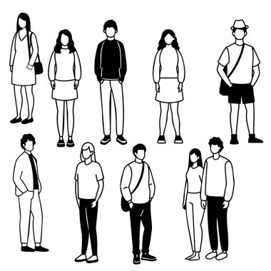 Bu vektör görüntüsü, çeşitli sıradan pozlardaki farklı insan siluetlerini içeriyor. Web tasarımı, bilgi grafikleri ve sunumlar için mükemmel. Yüksek kalite, siyah ve beyaz, çok yönlü, ve yaratıcı projeler için özelleştirilmesi kolay.