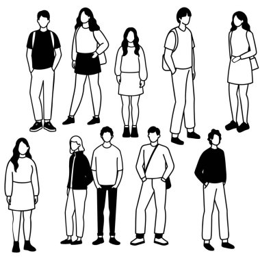 Bu vektör görüntüsü, çeşitli sıradan pozlardaki farklı insan siluetlerini içeriyor. Web tasarımı, bilgi grafikleri ve sunumlar için mükemmel. Yüksek kalite, siyah ve beyaz, çok yönlü, ve yaratıcı projeler için özelleştirilmesi kolay.