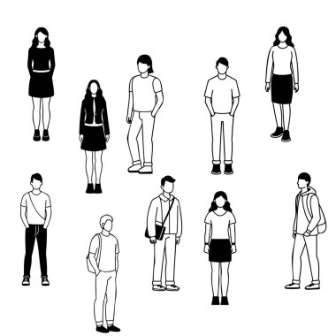 Bu vektör görüntüsü, çeşitli sıradan pozlardaki farklı insan siluetlerini içeriyor. Web tasarımı, bilgi grafikleri ve sunumlar için mükemmel. Yüksek kalite, siyah ve beyaz, çok yönlü, ve yaratıcı projeler için özelleştirilmesi kolay.