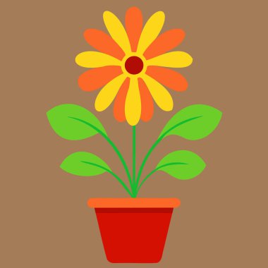 Şık kırmızı bir tencerede büyük yeşil yapraklı tek bir kırmızı çiçeği gösteren canlı bir vektör çizimi. Sanat eseri, basit renkler ve temiz çizgiler kullanılarak modern ve çekici bir görsel yaratmak için minimalist bir yaklaşımla tasarlanmıştır..