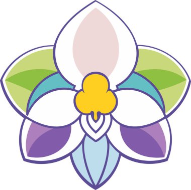 Bu canlı ve renkli dijital vektör çizimi, simetrik geometrik tasarımı olan soyut bir orkide çiçeğini içerir. Modern sanatsal estetik, botanik güzelliği dekoratif ve süs tarzıyla birleştirir.