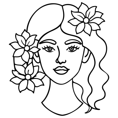8 Mart Uluslararası Kadınlar Günü Siyah ve Beyaz olarak Zarif Dalgalı Saç ve Dekoratif Çiçeklerle Çiçek Çizimi