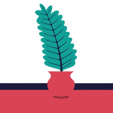 Yeşil eğreltiotu yaprağının geometrik arkaplanda kırmızı bir vazoda minimalist dijital çizimi. Düz tasarım tarzlı modern botanik sanatı, çağdaş dekor ve doğa temaları için idealdir..