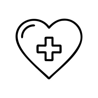 Sağlık hizmetleri desteği ve sağlığını simgeleyen tıbbi haç sembollü tek renkli bir kalbin simgesi, sadelik ve koruma içeren minimalist vektör tarzında.