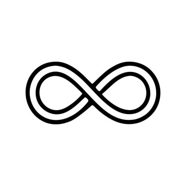 Beyaz zemin üzerindeki siyah sonsuzluk sembolü minimalist düz grafik tarzında, sonsuzluğu, birliği ve devamlılığı temiz modern çizgilerle temsil ediyor.