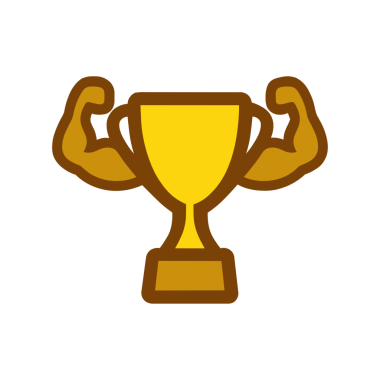 Güçlü kupa simgesi, beyaz arkaplanda kalın çizgi film vektör tarzıyla kaslı kollar.