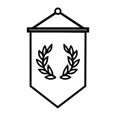 Üzerinde defne çelengi sembolü olan asılmış bir pankartın minimal siyah vektör simgesi, düz bir monokrom tasarımında başarı, onur ve kutlamayı temsil ediyor.