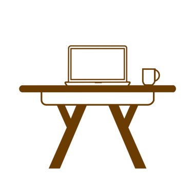 Modern ve temiz bir çalışma alanı kurulumunu temsil eden kahverengi ahşap masa ve kahve fincanının minimum vektör çizimi