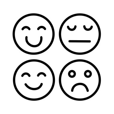 Mutluluk, üzüntü, tarafsızlık ve neşeli ifadeleri gösteren dört yüz simgesinin vektör çizimi. Asgari siyah çizgi biçimi, eğitim, tasarım ve editoryal kullanım için uygun.