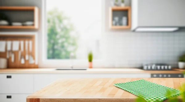 Holztischplatte Auf Verschwommenem Küchenhintergrund Kann Als Mock Für Montageprodukte Oder — Stockfoto