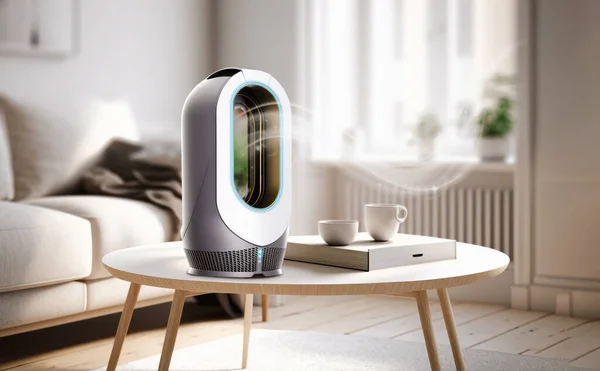 luxury futuristic air purifier a living room,  air cleaner removing fine dust in house. protect PM 2.5 dust and air pollution concept