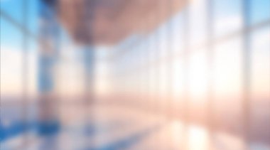 Modern beyaz ofis binasının boş koridoru. Cam giriş kapısı var. Geçmişi bulanık.