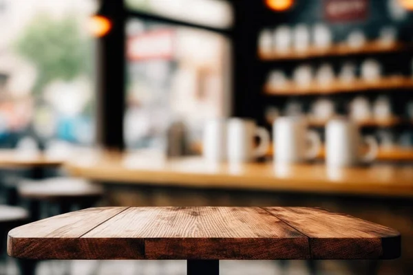 Leere Holztischplatte Und Unschärfe Des Cafe Restaurants Vor Dunklem Hintergrund — Stockfoto