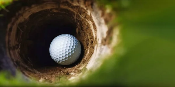 golf ball falls into the hole at the camera, view inside the hole close-up